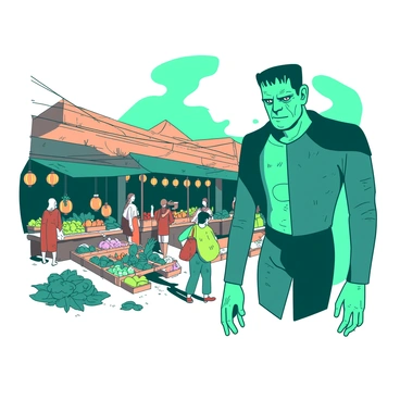 A teal Frankenstein's monster stands partially hidden in the shadows, observing a bustling village market. The monster has a rugged and stitched appearance, with green skin and a menacing expression. In front of him, vibrant stalls filled with an array of colorful fruits and vegetables are bustling with villagers. The villagers, dressed in varied attire, are animatedly interacting, some carrying bags filled with goods. Above them, strings of orange lanterns hang, adding to the lively atmosphere. The scene is bathed in a blend of activity and curiosity as the monster watches intently.