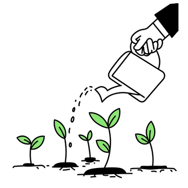 A close-up view of young coffee saplings with delicate green leaves emerging from rich soil. A farmer is gently watering them using a handheld watering can, with droplets of water cascading down onto the leaves and soil. The farmer's hands are weathered and show signs of hard work. The scene captures the intricate details of the saplings, including the texture of the leaves and the moist soil surrounding the roots.