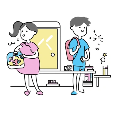 Two children, a boy with short brown hair wearing a blue t-shirt and a girl with pigtails dressed in a pink dress, are standing in a cozy home setting. The boy is putting on a red backpack, while the girl clutches a colorful lunchbox with cartoon characters on it. A warm glow comes from a window, and there are various school supplies like books and pencils neatly arranged on a table nearby. The room is filled with cheerful decorations, enhancing the lively atmosphere of the morning routine.