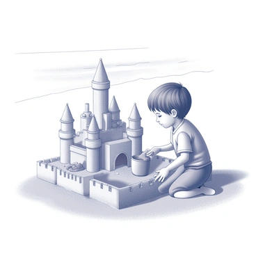 A child is kneeling on a sandy beach, focused on constructing a detailed sandcastle. The sandcastle features multiple towers, each decorated with shells and small stones. Surrounding the castle is a wide moat filled with water, reflecting the sky. The child is using a small plastic shovel and a bucket, with sand spilling from the bucket as they work diligently. In the background, gentle waves can be seen lapping at the shore. The scene captures the excitement and concentration of the child engaged in their creative activity.