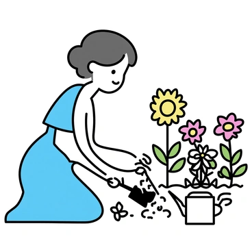 A woman named "Mistress Mary" wearing a light blue dress, kneeling in her garden. She is tending to an array of "vibrant flowers and plants" around her. The flowers include "roses in red and pink, daisies in white, and sunflowers with bright yellow petals." Green leaves and stems create a lush backdrop. In her hands, she is gently holding a small trowel, digging into the rich soil. A watering can sits nearby, glistening in the sunlight.