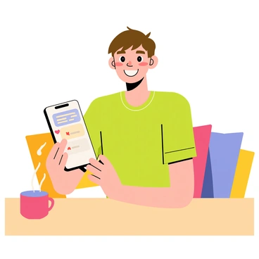 A person with short brown hair sitting at a wooden table, smiling warmly while holding a smartphone. The screen of the smartphone displays a glowing interface of a dating app, showing a chat window with a charming message. The person is wearing a casual green t-shirt, and there are colorful cushions in the background that create a cozy atmosphere. A steaming cup of coffee sits beside the smartphone on the table.