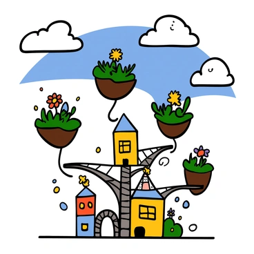 A landscape featuring several floating islands of varying sizes in the sky. Each island has lush greenery and colorful flowers growing on it. Below the islands, a bright blue sky with fluffy white clouds spans the scene. In the foreground, there is an intricate structure that appears to defy gravity, with twisting towers and bridges connecting different parts of the architecture. The buildings are painted in vibrant colors, with large windows and whimsical shapes. Sunlight casts playful shadows, enhancing the surreal nature of the scene.
