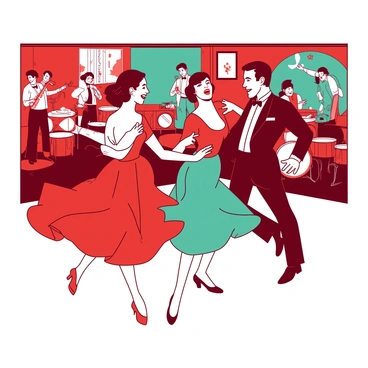 A red and teal scene captures couples dancing energetically at a 1940s swing dance party. The couples are dressed in vintage outfits, with men in sharp suits and women in colorful, flowing dresses. They are mid-dance, showcasing dynamic movements and joyful expressions. In the background, a band is playing lively music, with musicians in period clothing, including a saxophonist and a drummer. The dance floor is filled with other couples, each lost in their rhythm, and vintage decorations adorn the room, creating an authentic atmosphere.