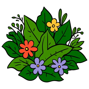 A vibrant composition featuring various textures and colors of leaves and flowers. The scene includes close-up images of green leaves with glossy surfaces, highlighting their intricate veining. Brightly colored flowers such as red, yellow, and purple blooms are interspersed throughout, showcasing their delicate petals. The background is filled with layers of leaves, creating depth and contrast. The overall arrangement evokes a lively representation of nature's beauty.