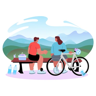 Two cyclists are seated on a wooden bench at a scenic viewpoint. One cyclist is wearing a bright red jersey and black shorts, while the other is dressed in a blue jersey and grey shorts. Their bicycles, parked beside them, have colorful frames and matching helmets resting on the handlebars. In the background, a wide vista of green hills and majestic mountains stretches under a clear blue sky. Soft, gradient pastel colors fill the landscape, enhancing the beauty of the scene. A small picnic basket rests on the bench, and a pair of water bottles are placed nearby.