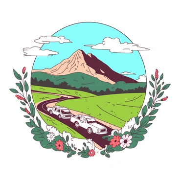 A vintage-style postcard illustration depicts "Mont Ventoux" majestically rising against a clear sky. The mountain features textured slopes in various shades, emphasizing its rugged terrain. In the foreground, there are "green fields" dotted with "colorful wildflowers," adding vibrancy to the scene. A winding road leads up the mountain, showcasing a "classic car" driving along it. In the top corners of the postcard, there are decorative elements like "swirling clouds" and "ornate borders," enhancing the nostalgic design. The entire composition has an aged appearance, suggesting a cherished memory captured in time.