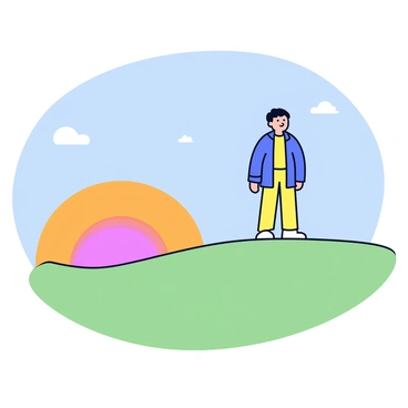 A person with an outlined silhouette stands on a gently sloping hill. The figure is facing forward, with arms relaxed at their sides. In the background, the sun is rising just above the horizon, casting a warm orange and yellow glow across the sky. The hill is covered in simplified green grass, and a few small, minimalist clouds are scattered in the blue sky. The scene captures the moment of dawn with the light gradually illuminating the landscape.