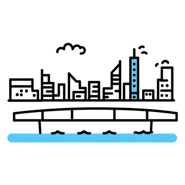 A long, sturdy bridge stretches across a shimmering waterway, leading to a bright city skyline. The skyline is filled with tall, modern skyscrapers, each with reflective glass windows that catch the sunlight. The bridge features clean lines and minimalistic design, with railings on either side. In the foreground, there are gentle waves in the water, and the sky above is clear with a few fluffy clouds. The scene suggests a sense of movement and connection, emphasizing the theme of progress.