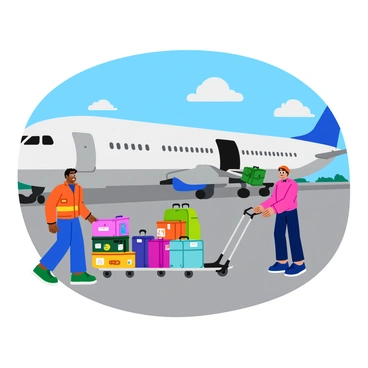 A ground crew member wearing a bright orange safety vest is loading multiple pieces of luggage into the open cargo hold of a large airplane. The luggage includes a mix of colorful suitcases, some with stickers from various travel destinations. Another crew member is using a trolley to transport more bags to the airplane. The airplane is a commercial jet with a white body and blue tail, parked on a tarmac with clear skies in the background. A few clouds can be seen in the sky, adding depth to the scene.