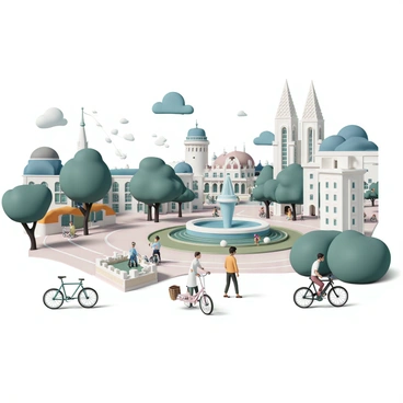 A montage featuring "the Place de la Comédie" with its grand fountain and historic buildings in the background. "Le Peyrou" park is showcased with its beautiful tree-lined paths and the iconic water tower. The scene includes "the Antigone district," featuring modern architecture with geometric shapes. "Saint-Pierre Cathedral" is depicted with its intricate stonework and tall spires. The vibrant atmosphere is highlighted by "bicycles parked" and "people walking" in the streets, interacting and enjoying the lively surroundings.