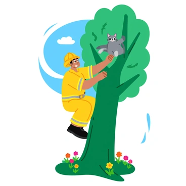 A firefighter in bright yellow gear is climbing up a tall green tree with thick branches. The firefighter has a determined expression while holding onto the tree trunk with one hand. In the other hand, the firefighter is gently reaching for a fluffy gray cat sitting on a branch, looking a bit scared. The tree is surrounded by vibrant green leaves, and there are colorful flowers blooming at the base. The scene is filled with bright blue sky overhead, adding to the lively atmosphere of the rescue.