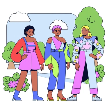 A group of models is standing in a picturesque outdoor setting surrounded by lush greenery and colorful flowers. Each model is wearing avant-garde attire with unique shapes and patterns. One model is in a bold outfit made of asymmetrical layers in vibrant shades of red and purple. Another model showcases a flowing garment with geometric cutouts in shades of blue and green. A third model is dressed in an outfit with exaggerated sleeves and intricate detailing, featuring a mix of soft pastels. The sunlight filters through the trees, casting soft shadows on the ground.