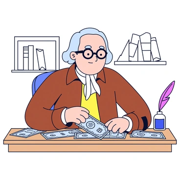 A cartoon illustration of "Benjamin Franklin" sitting at a wooden desk cluttered with various pieces of "early American currency" that he helped design. He is wearing his signature glasses and a brown coat. His expression is focused as he examines a "dollar bill" with intricate designs. The background features a simple bookshelf with a few books and a quill pen placed next to an ink bottle. The overall scene captures a moment of historical significance.