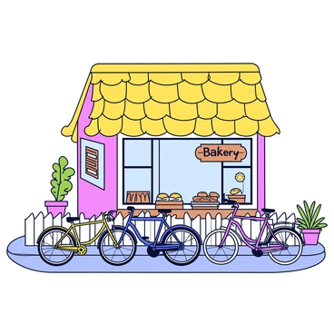 Several bicycles in various colors are parked outside a quaint village bakery with a thatched roof. The bakery has large, inviting windows displaying an assortment of baked goods. A wooden sign hangs above the entrance, with the word "Bakery" elegantly painted on it. Surrounding the bakery are cobblestone streets and a few potted flowers brightening the scene. The bicycles are leaning against a white picket fence that borders the bakery's small outdoor seating area.