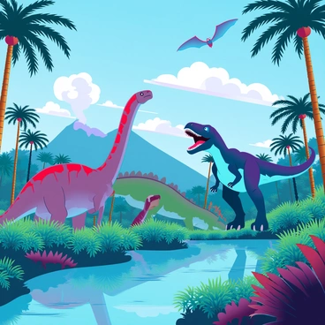 A diverse group of dinosaurs, including a towering Brachiosaurus with a long neck and a fierce Tyrannosaurus rex with sharp teeth, are roaming freely in a lush prehistoric landscape filled with dense ferns and tall cycads. In the background, a volcanic mountain emits a faint plume of smoke, while a bright blue sky is dotted with fluffy white clouds. A tranquil river winds through the scene, reflecting the vibrant greenery and the large creatures. Small pterosaurs glide above, showcasing their wings against the sunlit sky. The atmosphere is lively, filled with the sounds of rustling leaves and distant dinosaur calls.