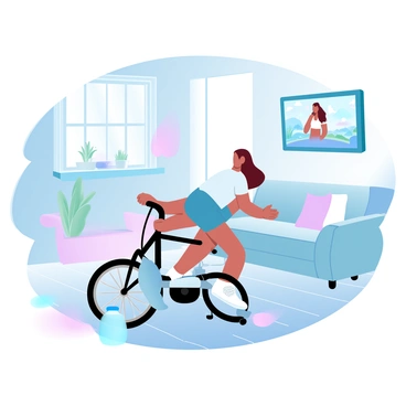 A person is riding a stationary bike in a well-lit living room while looking at a screen displaying a virtual cycling class. The individual is wearing athletic gear, including a fitted top and cycling shorts. The living room has a cozy atmosphere with soft furniture and a few houseplants in the background. The screen is bright and shows an instructor leading the cycling class, with a colorful and dynamic background representing a scenic outdoor route. A water bottle is placed on the floor next to the bike, and there is a towel draped over the handlebars. The floor is made of wooden panels, and sunlight pours in through a nearby window, creating a warm ambiance.