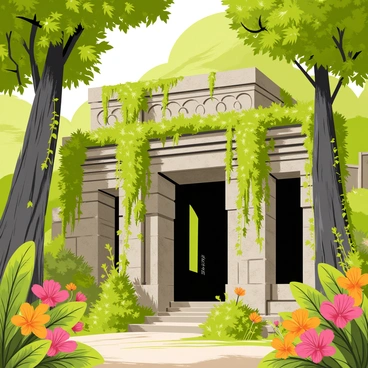 An ancient temple made of stone with intricate carvings is partially hidden by dense green foliage. Vines and moss cover the weathered walls, and large trees surround the structure, their roots intertwining with the stones. Sunlight filters through the leaves above, casting dappled shadows on the ground. Exotic flowers bloom in vibrant colors around the temple, adding to the lush, wild environment.