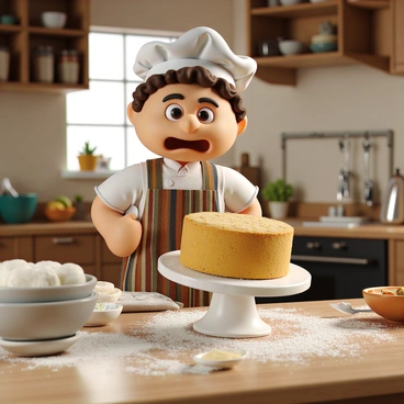 A comically surprised baker with a round face and curly hair, wearing a white chef's hat and a colorful apron. He stands in a warmly lit kitchen filled with baking tools and ingredients. His eyes are wide, and his mouth is open in an expression of shock. In front of him, a freshly baked round cake on a white cake stand tilts precariously as it slips off the edge of the counter. Flour dust is scattered around, and there are bowls and utensils on the countertop, emphasizing the chaotic scene.