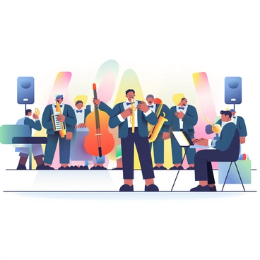 A big band ensemble consisting of various musicians is performing on a grand stage. There are ten musicians, each playing different instruments, including trumpets, saxophones, and a double bass. The musicians are dressed in formal black suits and bow ties. The band leader is standing in front, energetically conducting the performance with a baton. Behind them, there are large speakers and vivid colored lights illuminating the stage. The audience is visible in the foreground, captivated by the lively music, clapping along to the rhythm. A shiny grand piano is positioned on one side of the stage, with a pianist playing passionately.