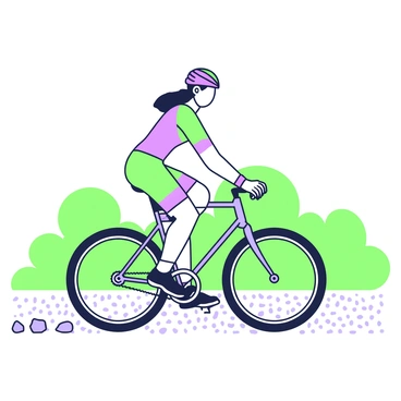 A cyclist is riding a bike on a gravel path. The cyclist is wearing a helmet and colorful cycling gear, with sweatbands around their wrists. The bike has thin tires that dig into the gravel, causing small stones to fly up behind it. In the background, there are green shrubs lining the path, while the sunlight creates a vibrant scene. The cyclist's feet are firmly positioned on the pedals, and their hands grip the handlebars tightly as they navigate the path.
