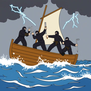A group of five ninjas, dressed in sleek black outfits and masks, are engaged in a fierce battle atop a wooden ship. The ship is rocking violently on tumultuous waves, and dark storm clouds loom overhead, with flashes of lightning illuminating the scene. Each ninja wields a different weapon; one has a pair of shurikens, another holds a katana with an ornate hilt, while a third brandishes nunchaku. The ship's sails are flapping wildly in the wind, and water splashes around as the ninjas leap and dodge each other. The ocean's surface is choppy, with white foam cresting over the waves, adding to the intensity of the battle.