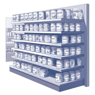 A grocery store shelf filled with multiple rows of sardine cans. Each can features distinct designs and labels, showcasing a variety of brands. The shelf is well-organized, with cans neatly aligned, some facing forward for visibility. The background includes the store's other merchandise, such as food items and beverages, creating a bustling atmosphere. The lighting reflects off the shiny metal surfaces of the cans, enhancing their detail.