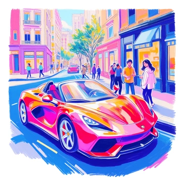 A sleek sports car in a vibrant red color is parked casually on a bustling urban street. The car features smooth lines, shiny alloy wheels, and an open cockpit design. Surrounding the car, several people are admiring it; one person is taking a photo, while another is leaning against the car with a smile. In the background, tall buildings, storefronts, and trees provide a lively urban atmosphere. A few pedestrians walk by, adding to the sense of activity in the scene.