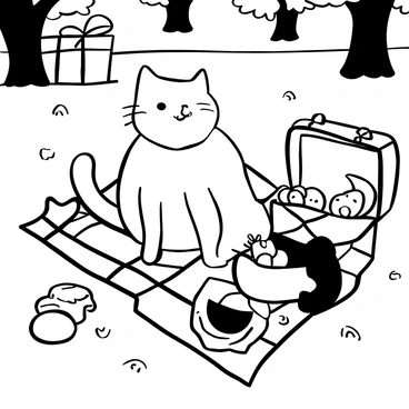 A Persian cat sitting comfortably on a patterned blanket spread out on the grass in a park. Next to the cat, there is an open picnic basket filled with various snacks and fruits. The picnic setting includes scattered crumbs and a small plate with a sandwich. In the background, there are trees with detailed leaves and a checkered tablecloth partially visible in the scene.