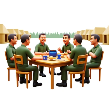 A group of soldiers sitting around a makeshift wooden table in a military camp. They are wearing camouflage uniforms and are engaged in conversation, some laughing while sharing stories. The table is laid out with various food items, such as canned goods, bread, and a pot of stew. Around them are tents and military gear, with the backdrop of a distant line of trees. The atmosphere is relaxed, capturing a moment of camaraderie amidst the tension of a nearby siege.