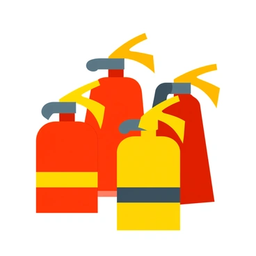 A collection of fire extinguishers arranged in a dynamic composition, each with unique shapes and sizes, displaying a variety of bright colors.