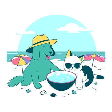 A teal anthropomorphic dog is sitting on the sand, wearing a yellow sun hat. Next to the dog, a white anthropomorphic cat is reclining with sunglasses perched on its nose. They are both sharing a large bowl of water placed between them. The dog has its tongue out, playfully splashing water, while the cat is dipping its paw into the bowl. In the background, there are small colorful beach umbrellas and seashells scattered on the sand. The sky is clear with a few fluffy clouds floating above.
