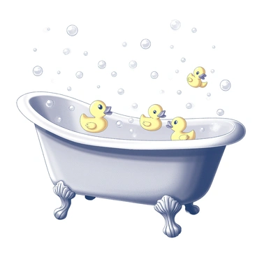 A clawfoot bathtub is positioned centrally in the image. The tub is detailed with ornate legs and a shiny finish. It is filled with numerous bubbles of varying sizes that create a whimsical atmosphere. Several rubber duckies are floating among the bubbles, each displaying a unique expression. The scene captures the playful essence of a bath time setting.