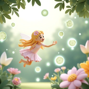 A small fairy with delicate, translucent wings is hovering in a vibrant garden. She has long, flowing hair adorned with tiny flowers and is wearing a shimmering dress made of petals. Surrounding her are glowing cucumber slices, floating in the air and reflecting light. The garden is lush with various colorful flowers and green leaves. Sunlight filters through the branches, casting playful shadows on the ground. The fairy looks joyful as she reaches out towards the floating cucumber slices, which are sparkling with a hint of magic.