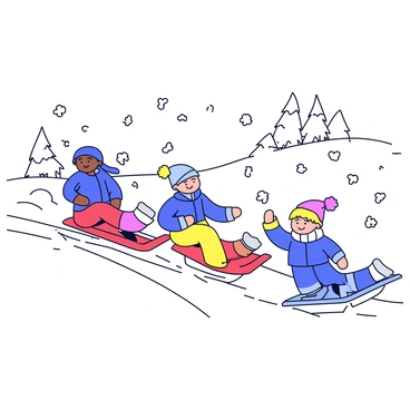 A group of children sledding down a snowy hill. The children are smiling and wearing colorful winter jackets and hats. They are on bright sleds of various shapes, including one that is red and another that is blue. As they descend, fluffy white snow is spraying up around them, creating a playful scene. The hill is covered in a thick layer of fresh snow, and there are a few snow-covered trees in the background.