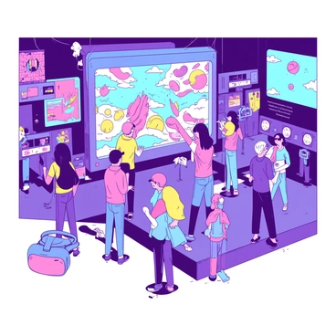 A vibrant interactive art exhibit filled with visitors engaging with various digital installations. In the center, there is a large screen displaying colorful animations that respond to touch, surrounded by a group of people mesmerized and reaching out to the screen. To one side, a series of smaller screens exhibit abstract visual patterns that change with motion. On the other side, a set of virtual reality headsets is available for visitors, some immersed in their experiences while others eagerly wait their turn. The floors are polished, reflecting the vivid colors of the installations, creating a dynamic atmosphere filled with excitement and creativity.