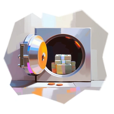 An open bank vault with metallic walls and a large, circular door that is ajar. Inside the vault, there is a single neat stack of currency bills placed in the center. The bills are crisp and stacked in an organized manner. The interior of the vault is dimly lit, creating a contrast between the shiny surface of the vault and the textured paper of the bills. The floor of the vault is concrete, with a few scattered coins visible in the shadows.