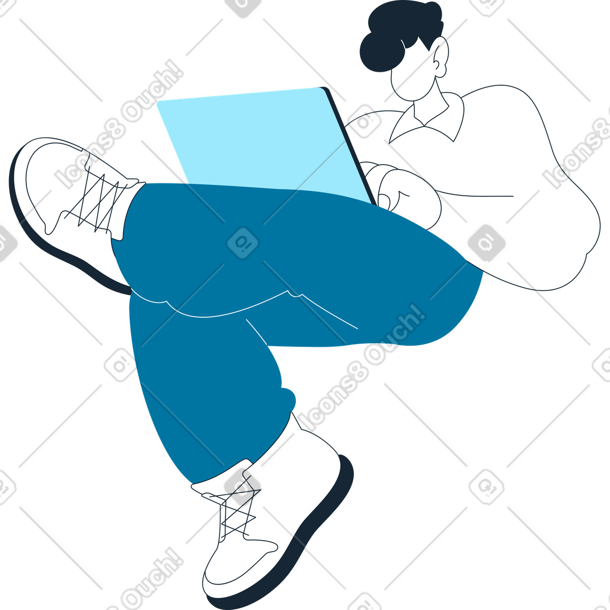 Indigo スタイルの 彼の組んだ足にラップトップで座っている男 のイラストをPNG、SVG形式でダウンロード