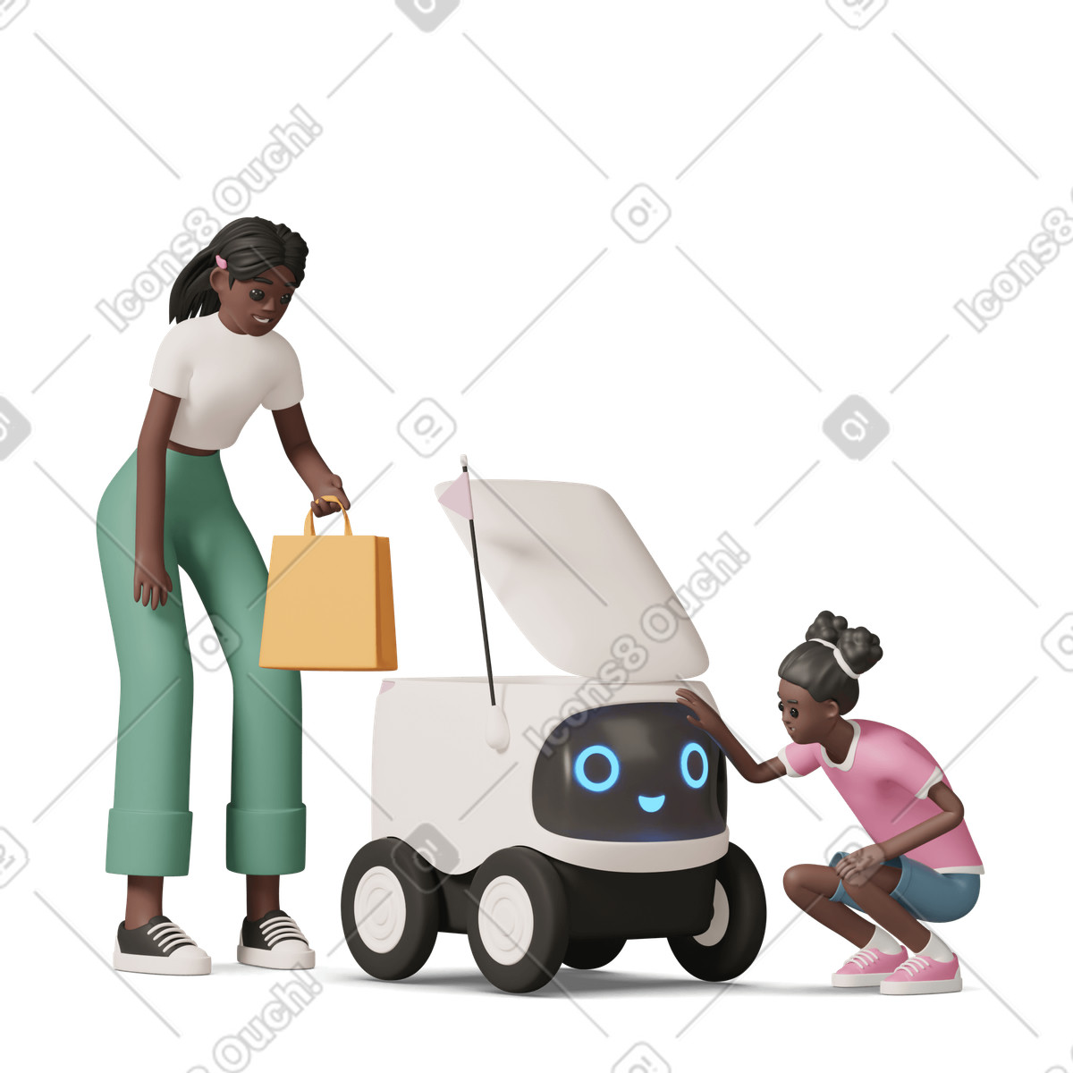 3D Casual life 스타일의 Two girls with delivery robot 일러스트레이션 PNG, SVG 다운로드