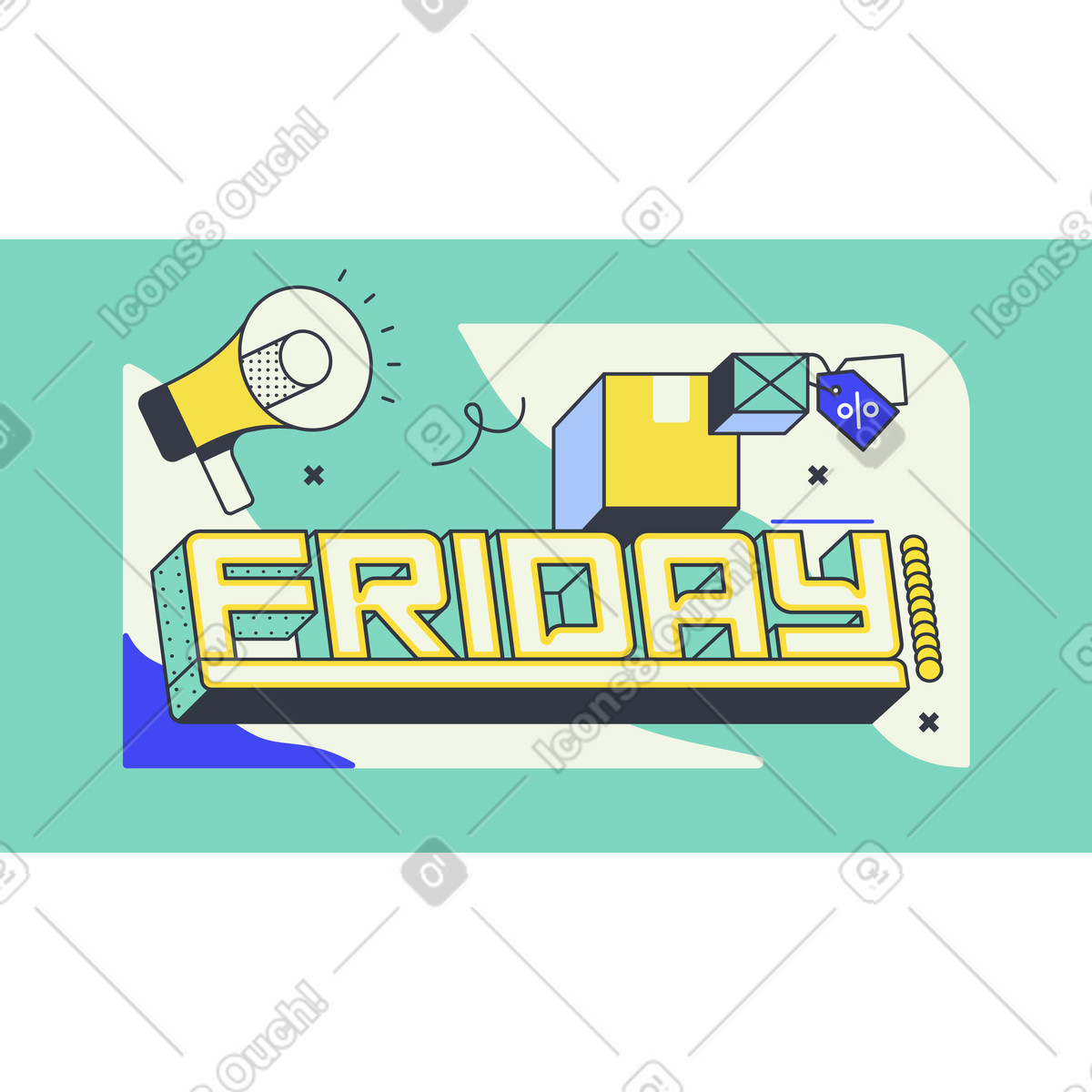 Illustration Lettrage black friday avec boîtes, haut-parleur et étiquette de vente dans le style Abstract à télécharger aux formats PNG, SVG