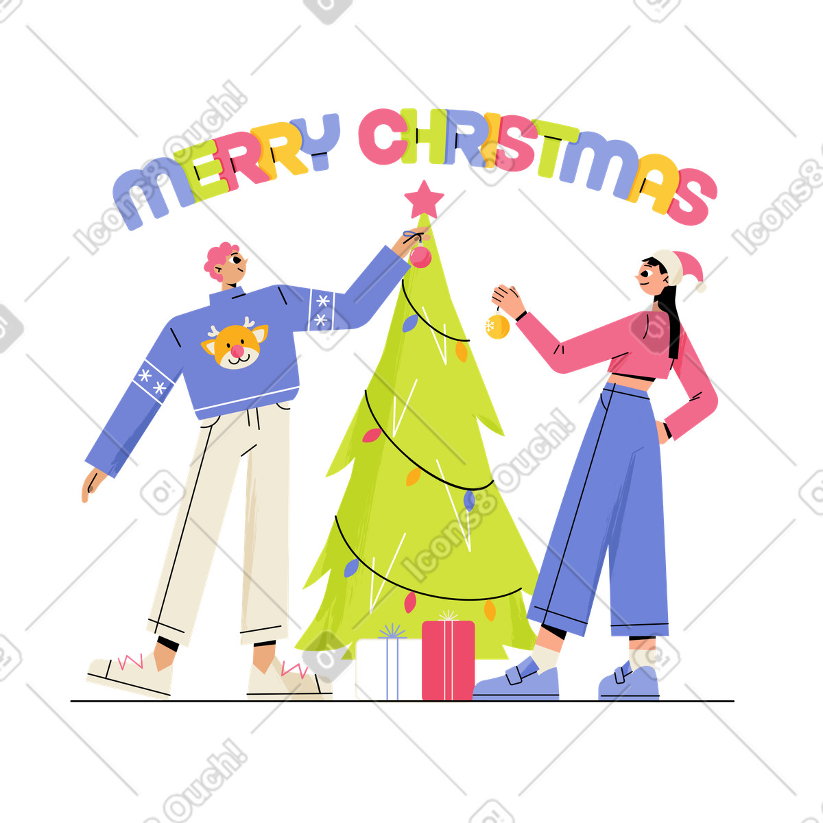 Friends hanging ornaments on festive tree, Christmas home gathering-Illustration im Juicy-Stil als Download in PNG, SVG