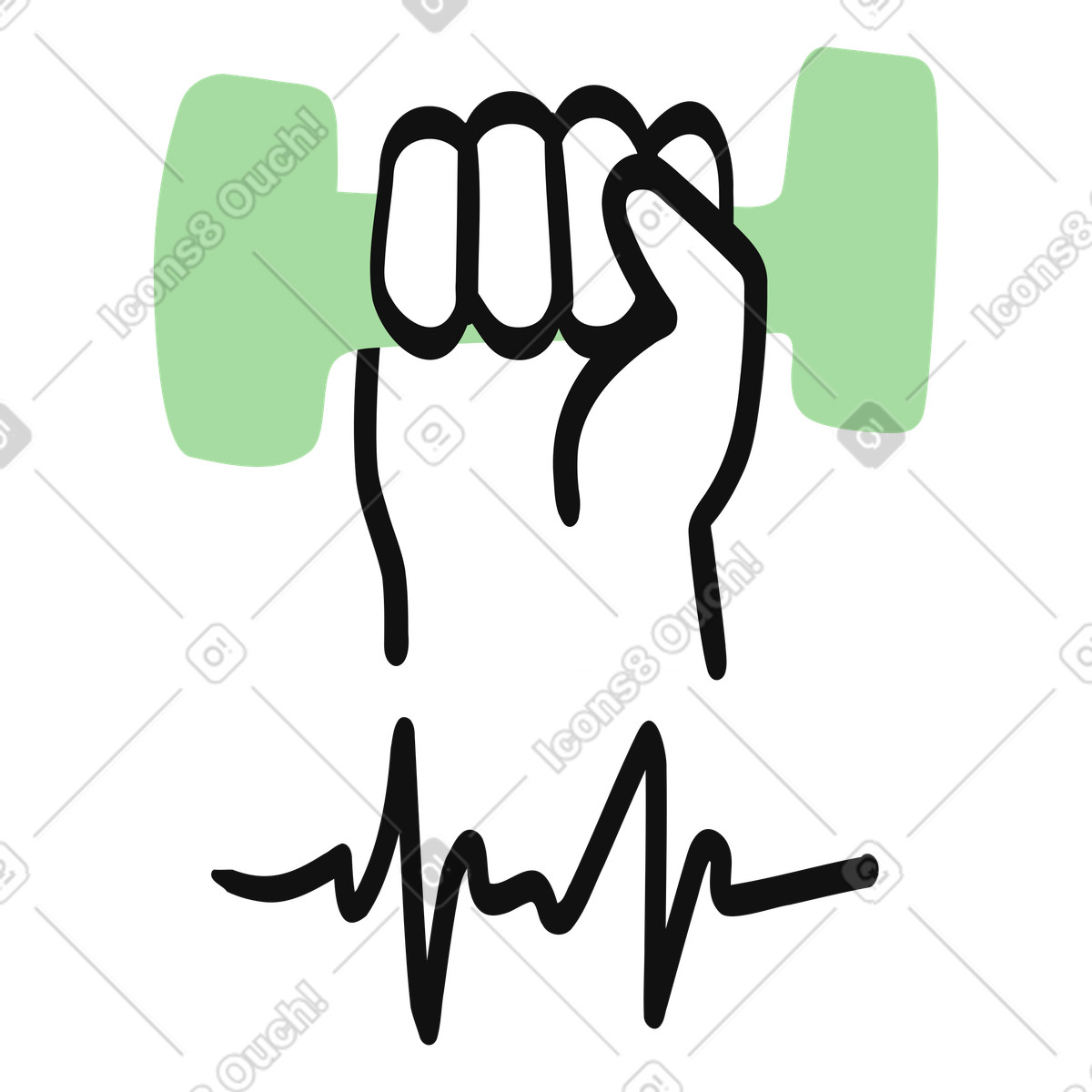 Illustration Dumbbell hand grip with heartbeat line symbolizing fitness and cardio training dans le style Organic à télécharger aux formats PNG, SVG