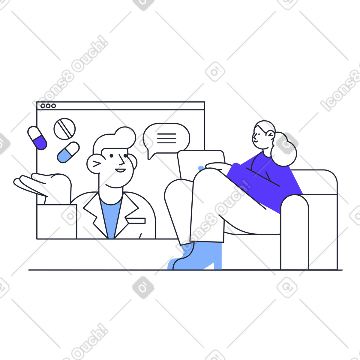 Doctor presenting prescription options online, Telehealth consultation service animated illustration in Pablita style download in GIF, Lottie (JSON), AE