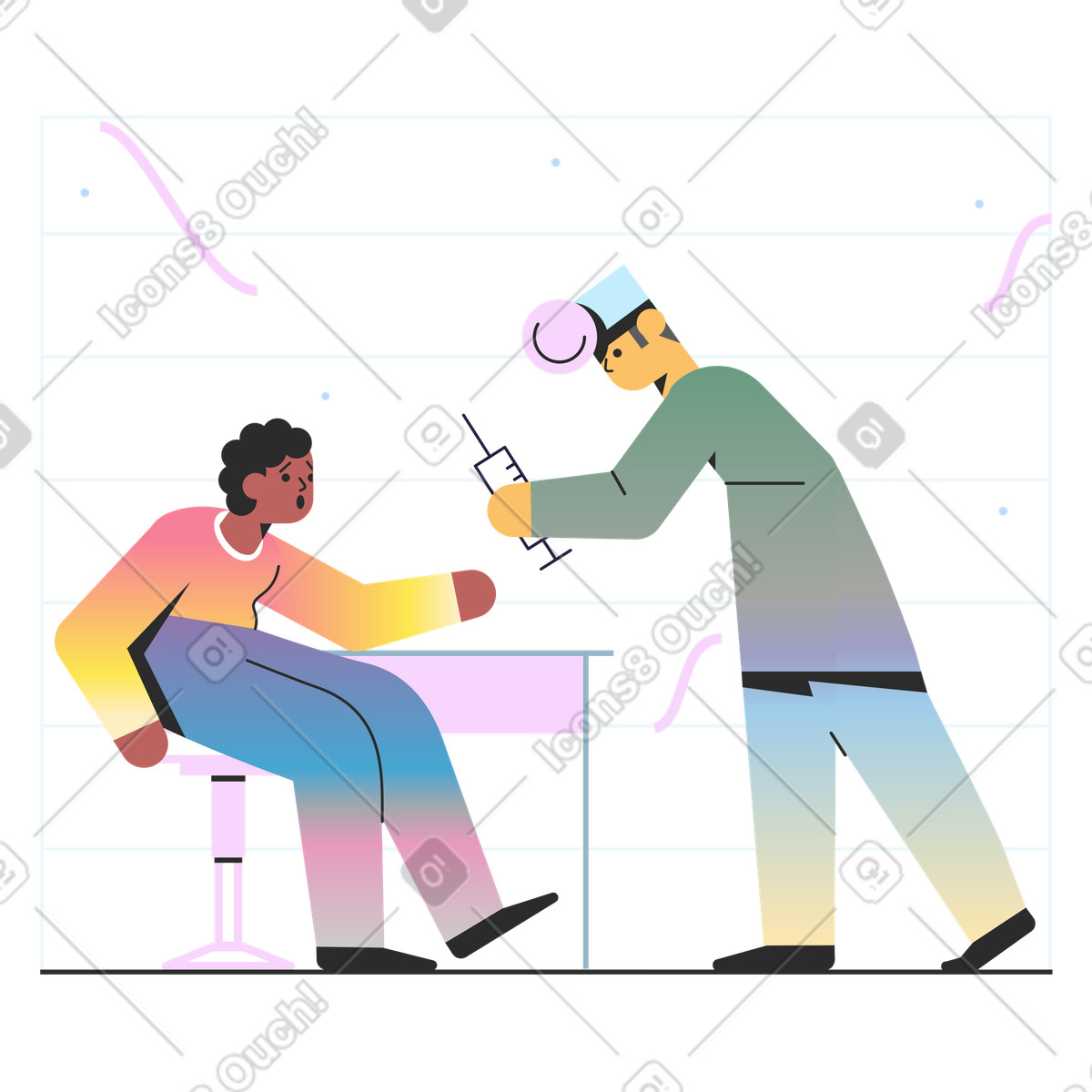 Arzt impft einen verängstigten mann-Illustration im Marginalia-Stil als Download in PNG, SVG