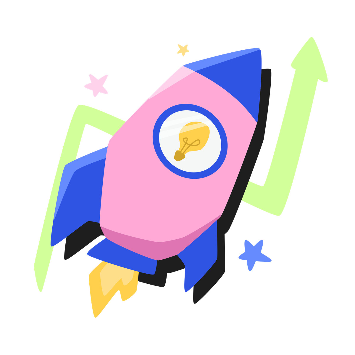 Illustration Rocket taking off with an idea inside dans le style Bouncy à télécharger aux formats PNG, SVG