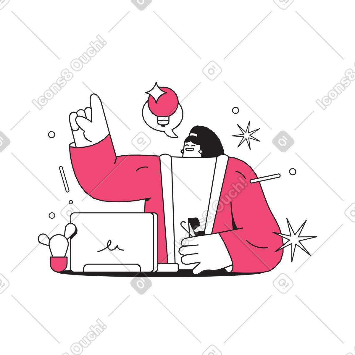 Mädchen sitzt neben laptop und hat eine idee-Illustration im Dazzle Line-Stil als Download in PNG, SVG