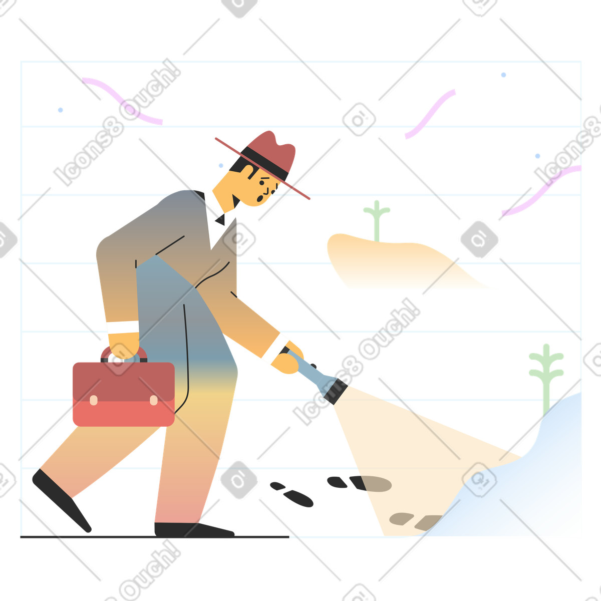 Ilustración Detective con linterna siguiendo el rastro. en estilo Marginalia a descargar en PNG y SVG