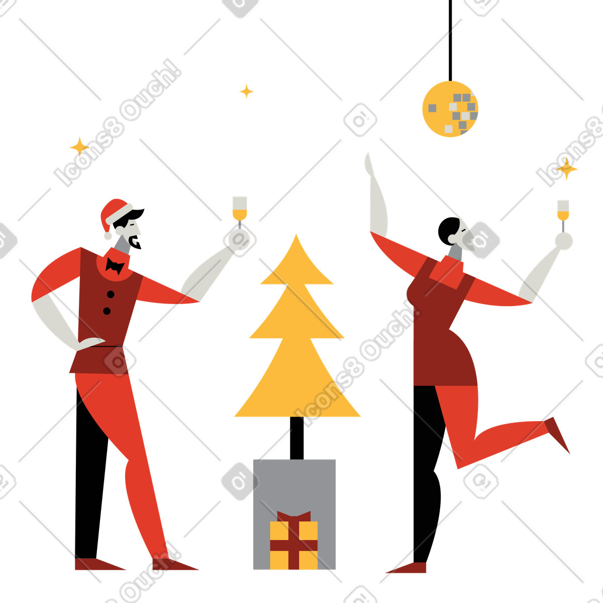 Ilustração de Friends toasting near Christmas tree, Festive gathering and seasonal celebration em no estilo Burgundy para baixar em PNG, SVG