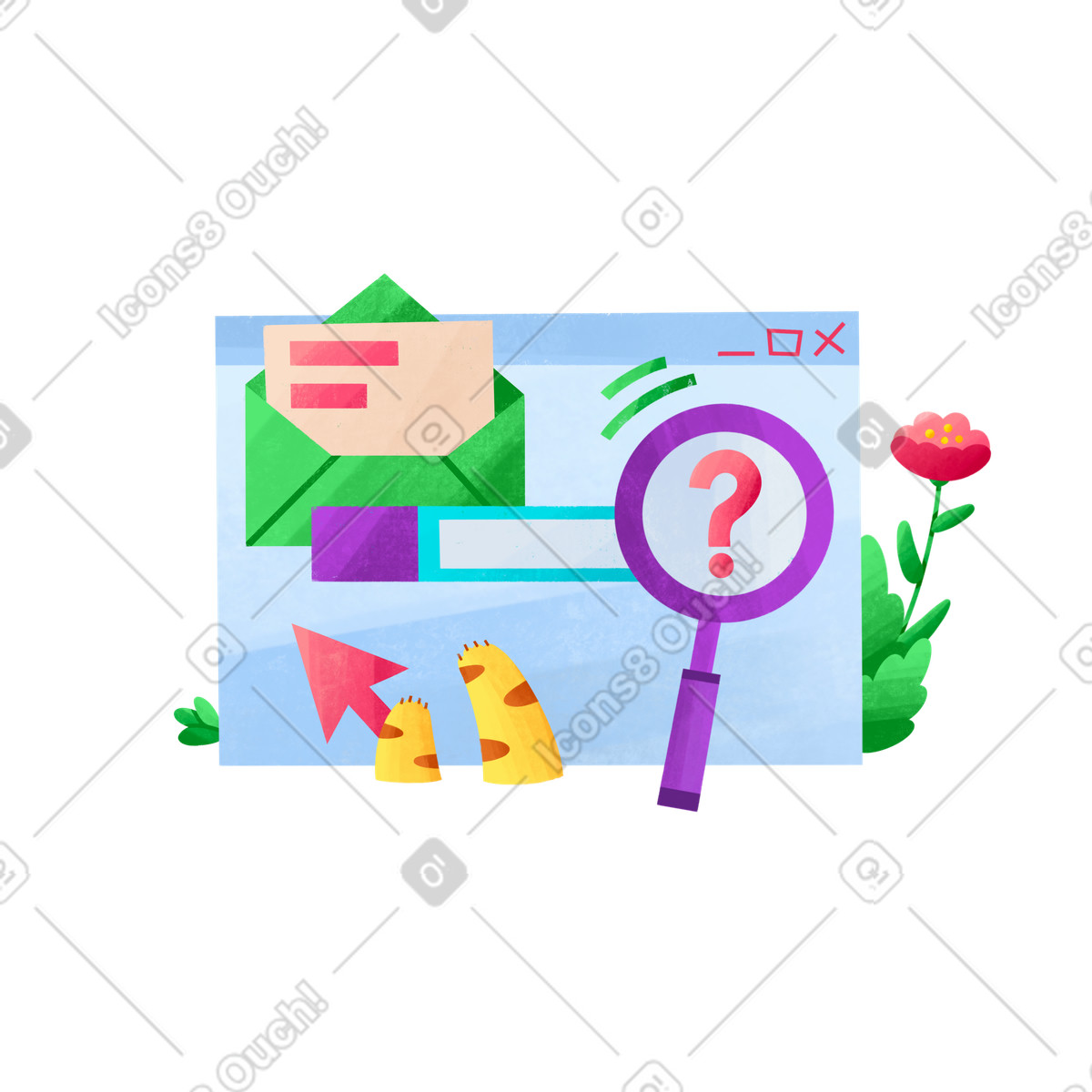 Animal searching information on website, magnifier and flower illustration in Bonbon style download in PNG, SVG