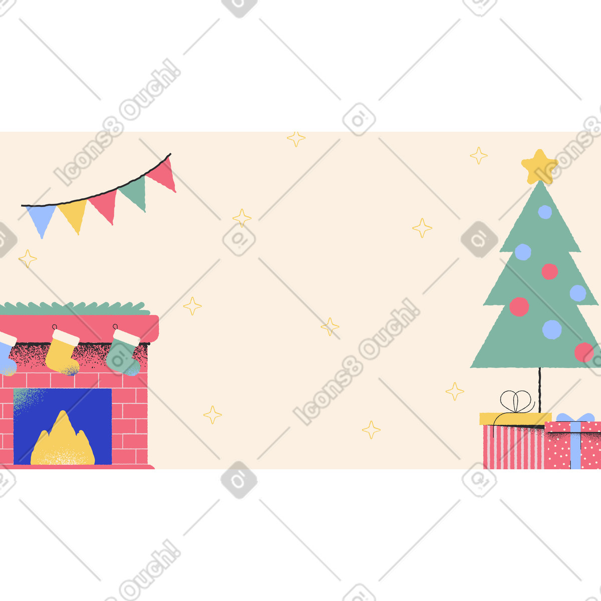 Christmas tree with gifts and decorated fireplace background illustration in Pablo style download in PNG, SVG